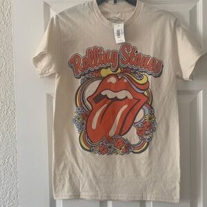 the Rolling Stones Cream Tee with Red Tongue and Multicolor Floral Size S